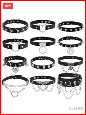 12 Pcs Punk Choker Set - Adjustable Gothic Leather Necklace Collection for